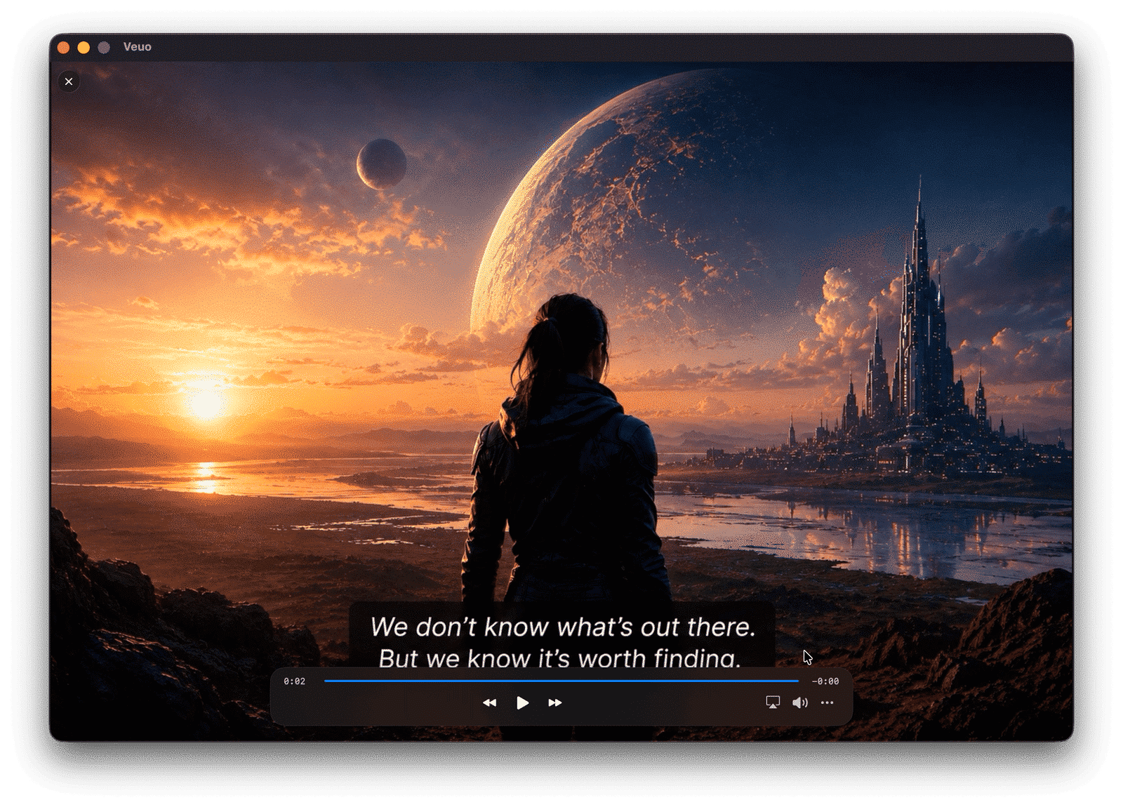 Veuo Mac player window playing a video with subtitles